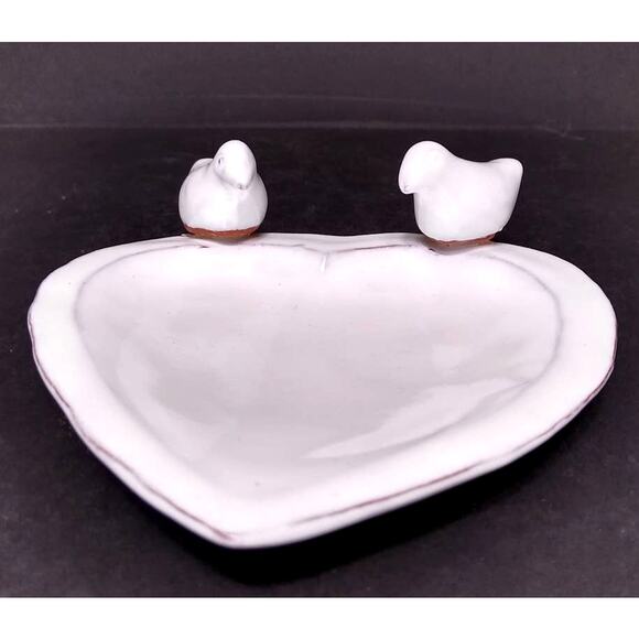 White Glazed Redware Pottery Heart Dove Trinket Dish - Picture 2 of 9